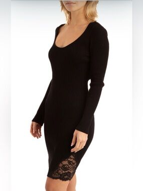 Guess Black Ribbed Long Sleeve Sweater Dress with Lace Hem